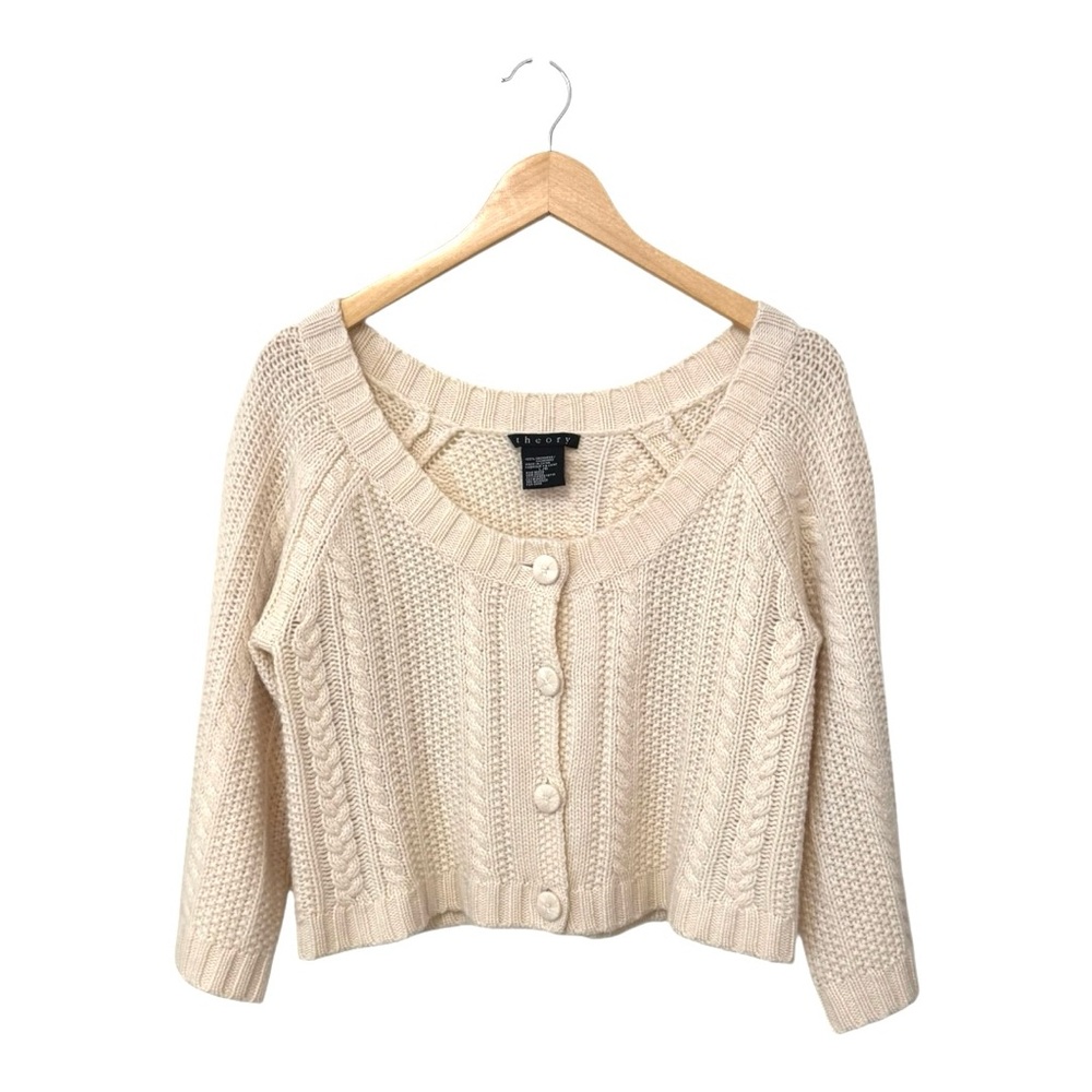 THEORY | 100% Cashmere Aran Cable Knit Cardigan Sweater in Cream, Size Large - Picture 4 of 8